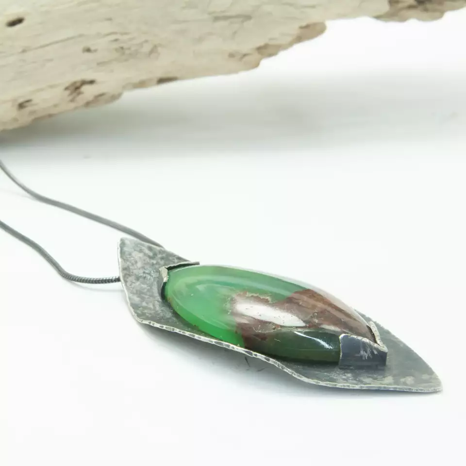 chrysoprase leaf oxidised pendant white background