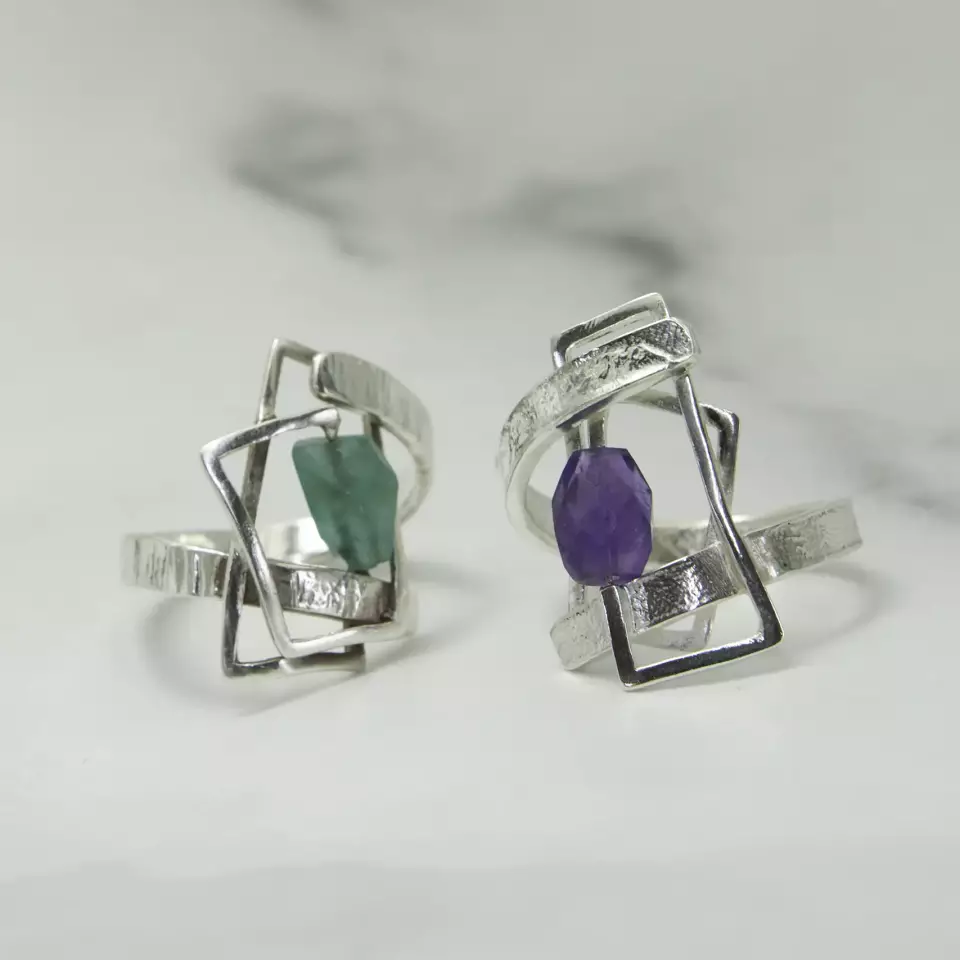 small component amethyst and apatite rings