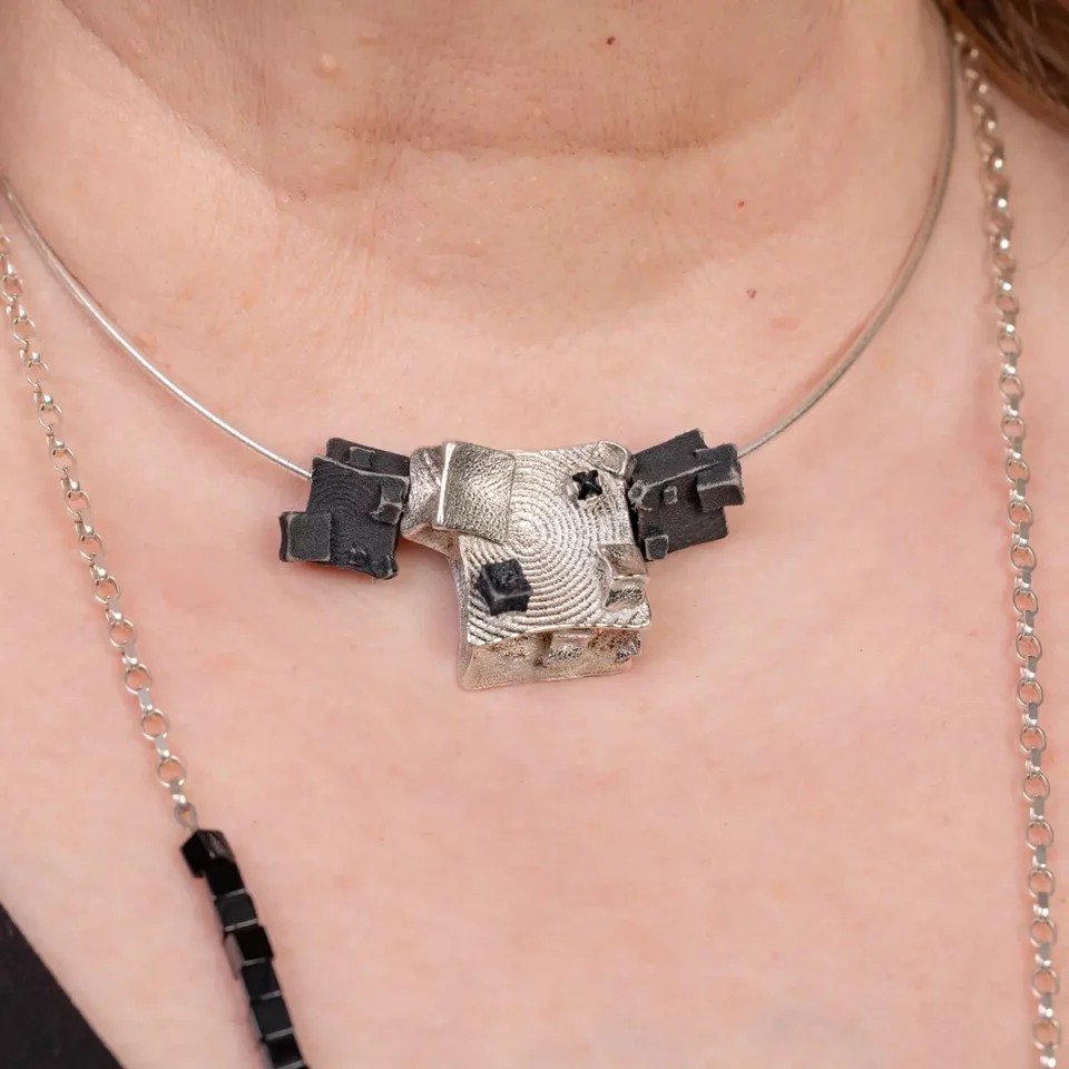 large silver 3d cube with black cubes necklace choker modelled