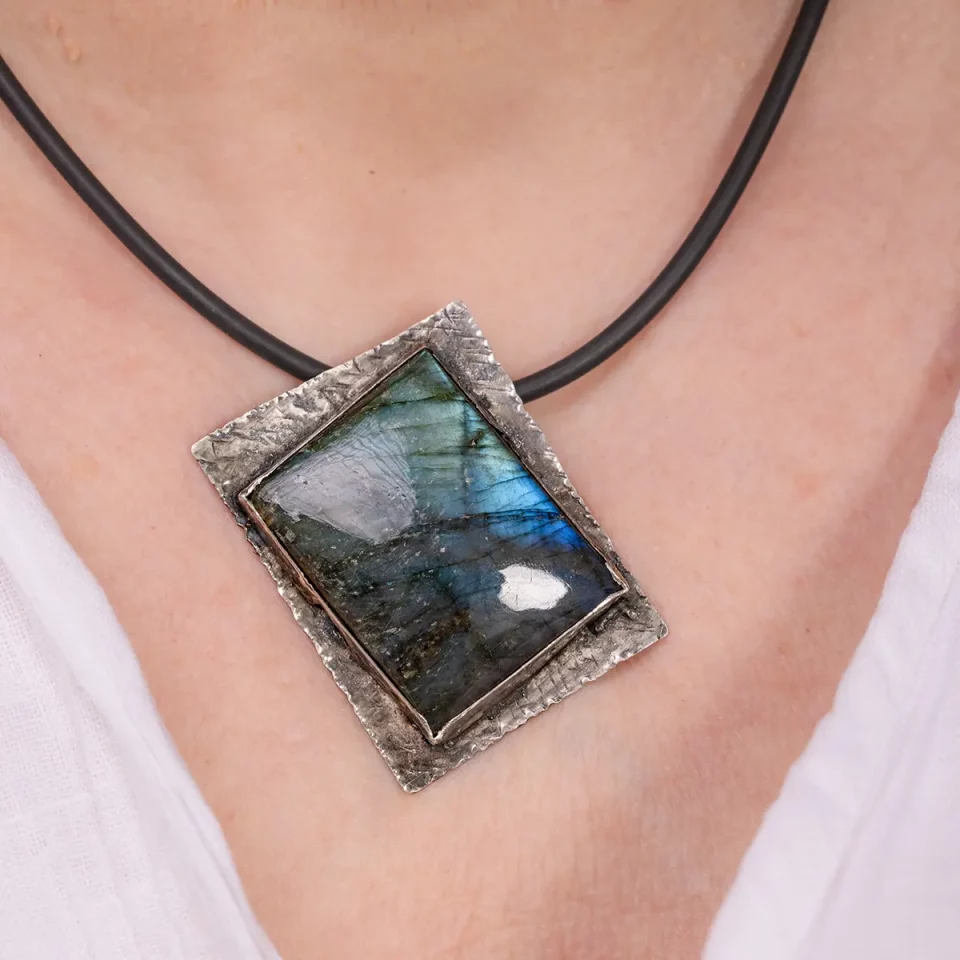 labradorite rectangle pendant brooch worn